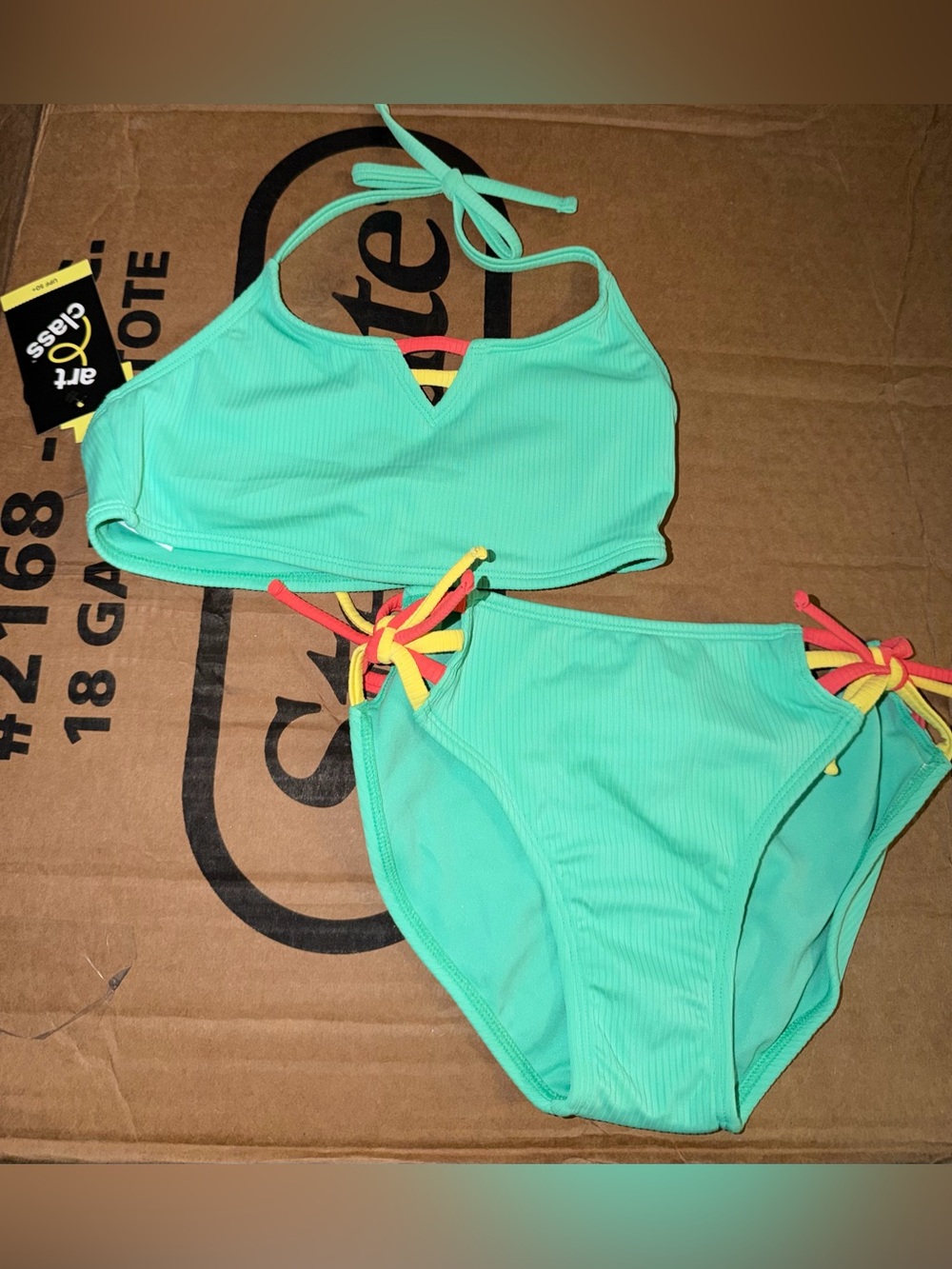 Target Girls Mint Green Bikini with Yellow and Red Tie Accents